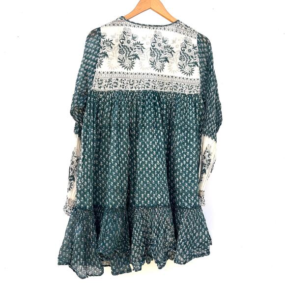 Daughters Of India Rooh Mini Dress Pine Long Sleeve Turquoise Medium Cotton - Picture 6 of 11